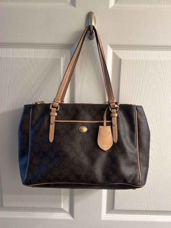 Coach Handbags - Coach Brown Signature Canvas Shoulder Bag with Tan Trim